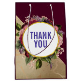 金ゴールド大理石パターンとブルゴーニュ花模様ありがとう ミディアムペーパーバッグ (正面)