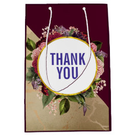 金ゴールド大理石パターンとブルゴーニュ花模様ありがとう ミディアムペーパーバッグ