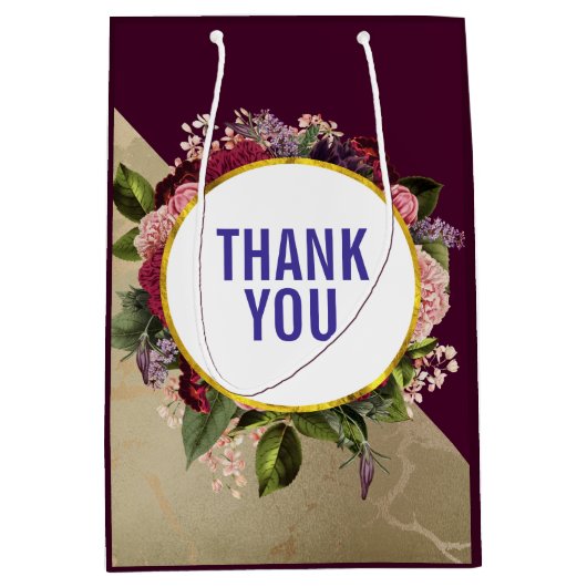 金ゴールド大理石パターンとブルゴーニュ花模様ありがとう ミディアムペーパーバッグ (正面)