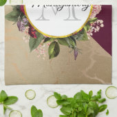 金ゴールド大理石パターンとブルゴーニュ花模様モノグラム キッチンタオル (折り畳み)