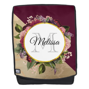 金ゴールド大理石パターンとブルゴーニュ花模様モノグラム バックパック