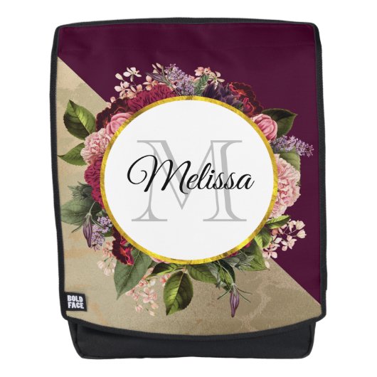 金ゴールド大理石パターンとブルゴーニュ花模様モノグラム バックパック (正面)