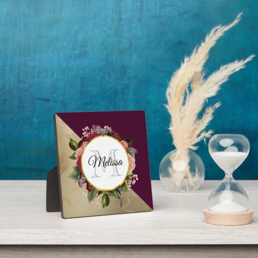 金ゴールド大理石パターンとブルゴーニュ花模様モノグラム フォトプラーク (インサイチュ)