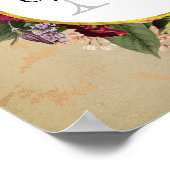 金ゴールド大理石パターンとブルゴーニュ花模様モノグラム ポスター (角)