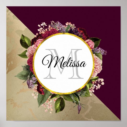 金ゴールド大理石パターンとブルゴーニュ花模様モノグラム ポスター (正面)