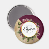 金ゴールド大理石パターンとブルゴーニュ花模様モノグラム マグネット (正面/裏面)