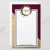 金ゴールド大理石パターンとブルゴーニュ花模様モノグラム 便箋 (正面/裏面)