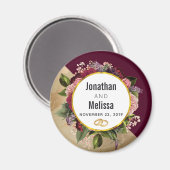 金ゴールド大理石パターンとブルゴーニュ花模様結婚ズ マグネット (正面/裏面)