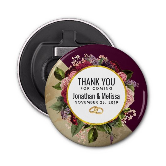 金ゴールド大理石パターンとブルゴーニュ花模様結婚ズ 栓抜き (正面)