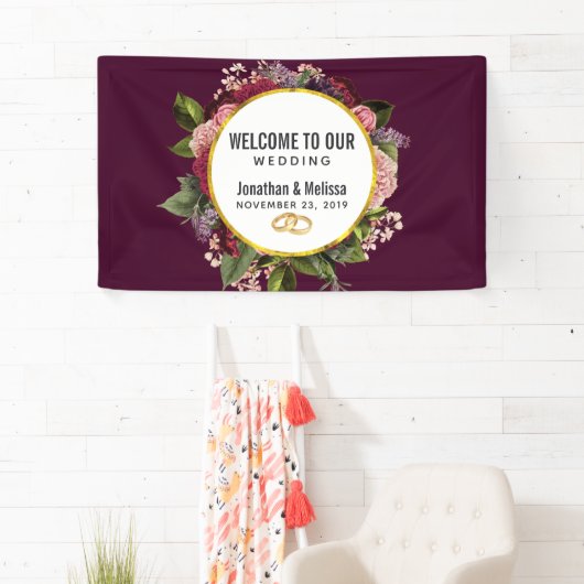 金ゴールド大理石パターンとブルゴーニュ花模様結婚ズ 横断幕 (インサイチュ)