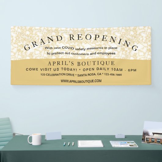 金ゴールド大理石ビジネスCOVIDの安全性を再開 横断幕 (トレードショー)