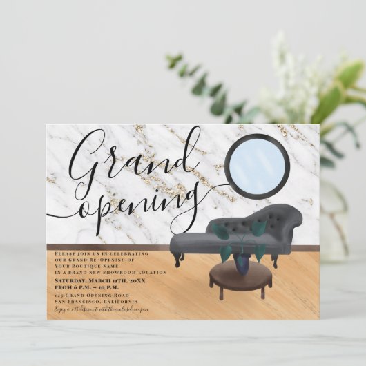 金ゴールド大理石モダン美しいサロン大開口部 招待状 (スタンド正面)