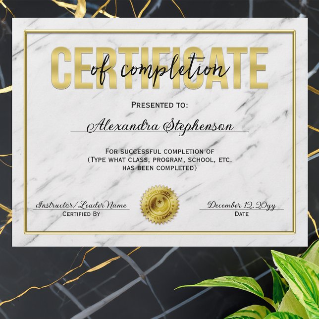 金ゴールド大理石修了証修了証授与 (certificate of completion)