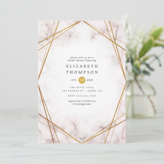 金ゴールド大理石幾何学的ブライダルシャワー 招待状 (スタンド正面)