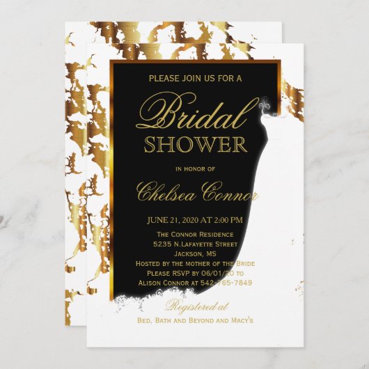 金ゴールド大理石、白黒ブライダルシャワー 招待状 (正面/裏面)