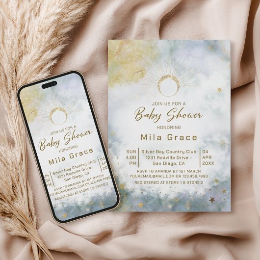 金ゴールド天空の水の色ベビーシャワー 招待状