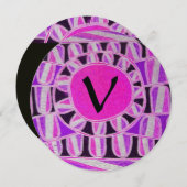 金ゴールド太陽のモノグラム、明るいピンクの明るい赤紫色ブラック 招待状 (正面/裏面)