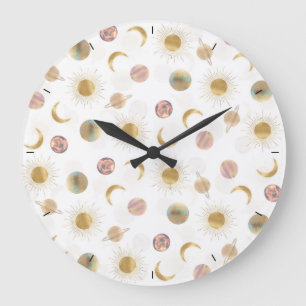 金ゴールド太陽月惑星宇宙白イラストレーション ラージ壁時計