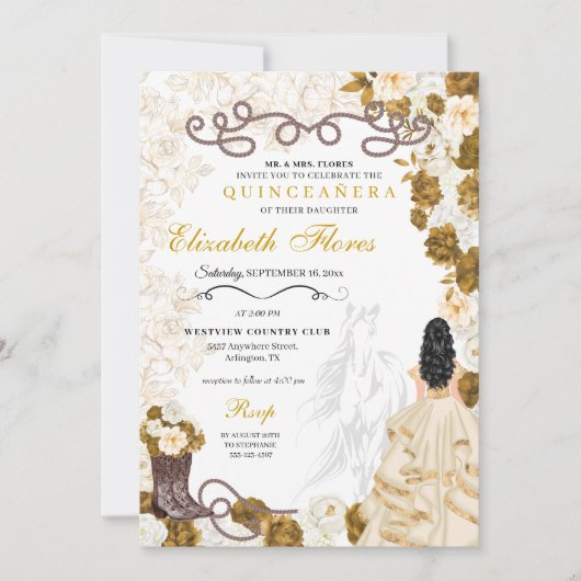 金ゴールド女性のカーボーイチャロウエスタンキンセニェラ 招待状 (正面)