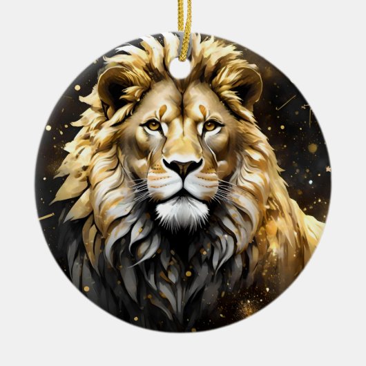 金ゴールド威厳のあると灰色の雄ライオン セラミックオーナメント (正面)