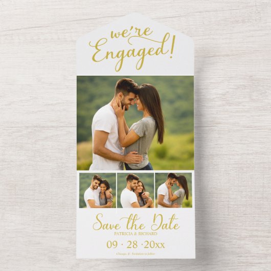 金ゴールド婚約の発表と日付の保存 オールインワン招待状 (内側)