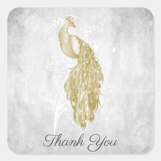 金ゴールド孔雀ありがとうステッカー スクエアシール (正面)