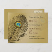 金ゴールド孔雀の結婚式は日付を保存 案内ポストカード (正面/裏面)