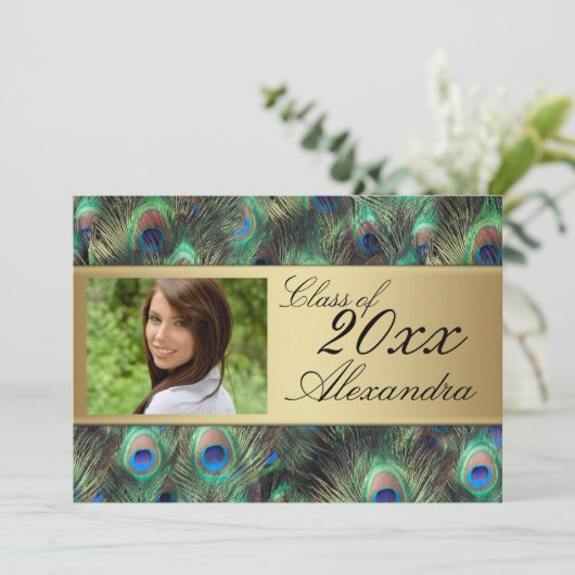 金ゴールド孔雀の羽のエレガント卒業 招待状 (スタンド正面)