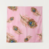 金ゴールド孔雀の羽,水色のシームレスなパターン タペストリー (正面(横))