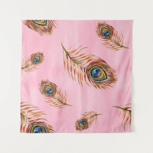 金ゴールド孔雀の羽,水色のシームレスなパターン タペストリー (正面(横))