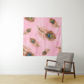 金ゴールド孔雀の羽,水色のシームレスなパターン タペストリー (インサイチュ(横))