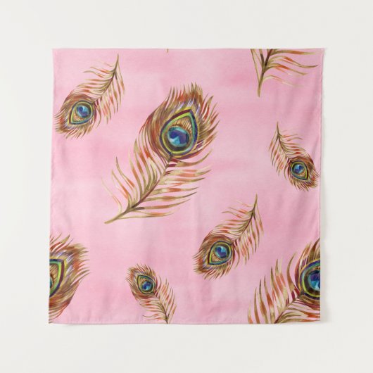 金ゴールド孔雀の羽,水色のシームレスなパターン タペストリー (正面)