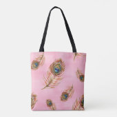 金ゴールド孔雀の羽,水色のシームレスなパターン トートバッグ (裏面)