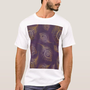 金ゴールド孔雀の羽、紫の背景。 Tシャツ