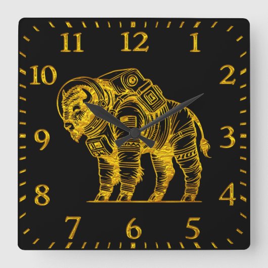 金ゴールド宇宙服のバイソン探索宇宙 スクエア壁時計 (正面)