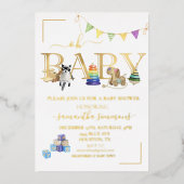 金ゴールド実在ホイルベビーシャワーヴィンテージ玩具 箔招待状 (正面)