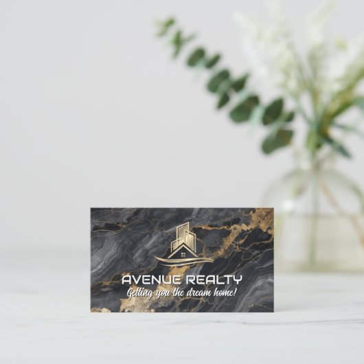 金ゴールド実在不動産ロゴ | Lux大理石 名刺 (スタンド正面)