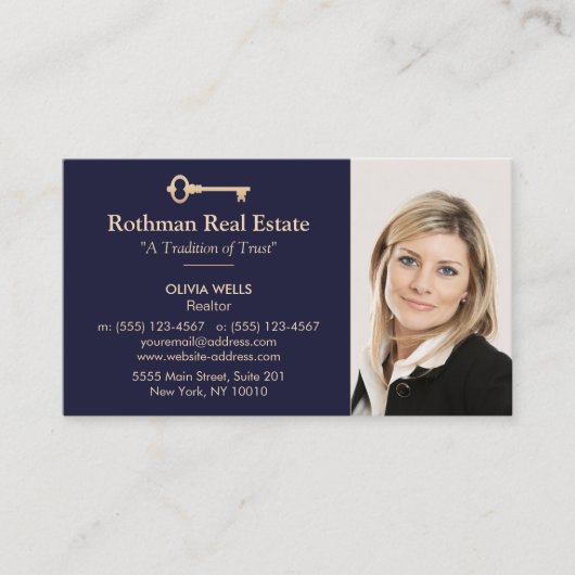 金ゴールド実在鍵エステートエージェント追加Photo Navy 名刺 (正面)