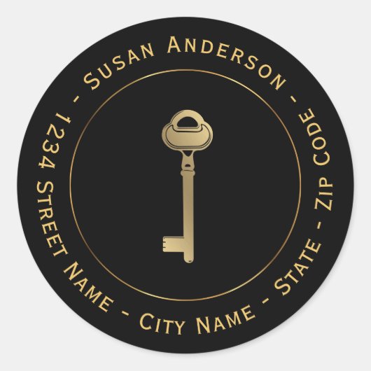 金ゴールド実在鍵不動産差出人住所ラベル ラウンドシール (正面)