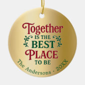 金ゴールド家族一緒に引用文タイポグラフィクリスマス セラミックオーナメント (正面)