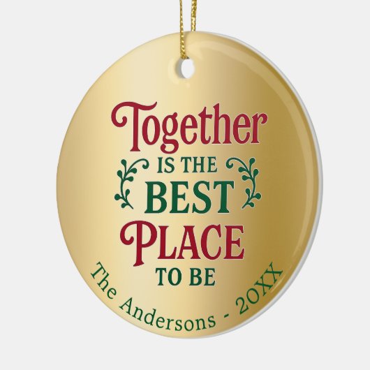 金ゴールド家族一緒に引用文タイポグラフィクリスマス セラミックオーナメント (左)