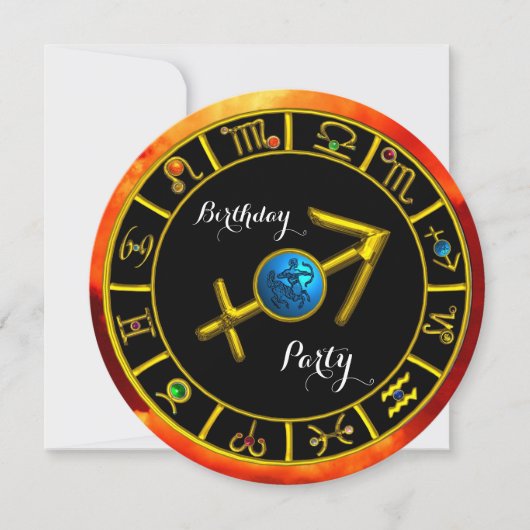 金ゴールド射手座ジュエル、〔占星術の〕十二宮図誕生日シンボルや象徴、ブラック 案内状 (正面)