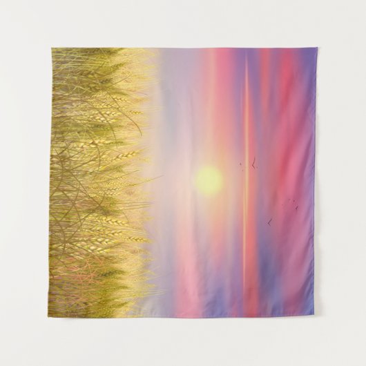 金ゴールド小麦畑サンセットスカイオイル塗装夏 タペストリー (正面(横))