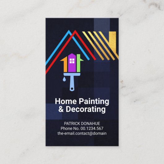 金ゴールド屋上オンブルーチェックホームペインターデコレーター 名刺 (正面)