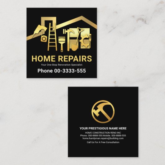 金ゴールド屋上フレーム黄金のハンドマニツール スクエア名刺 (正面/裏面)