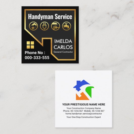 金ゴールド屋根用手回しツール建物 スクエア名刺 (正面/裏面)