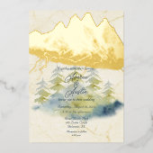 金ゴールド山背景グリーンとブルーの木 箔招待状 (正面)