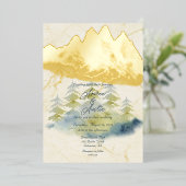 金ゴールド山背景グリーンとブルーの木 箔招待状 (立ち正面)