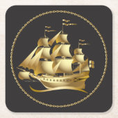 金ゴールド帆船航海の スクエアペーパーコースター (正面)