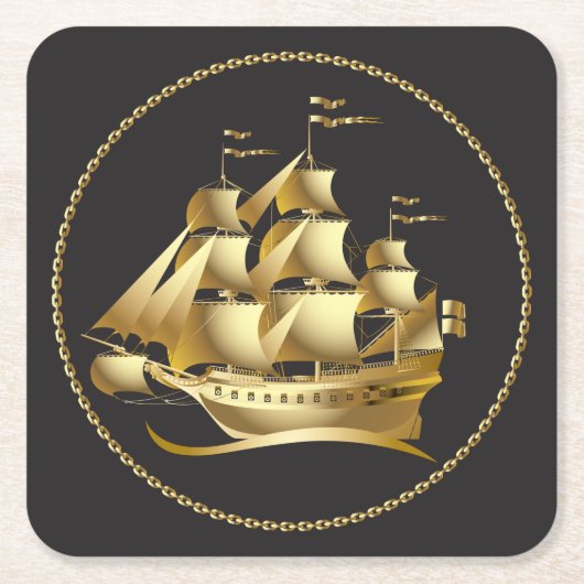 金ゴールド帆船航海の スクエアペーパーコースター (正面)